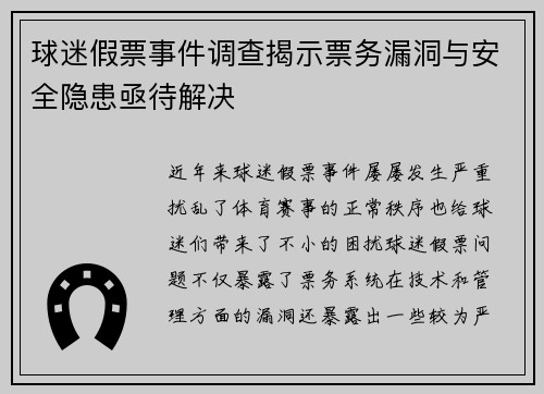 球迷假票事件调查揭示票务漏洞与安全隐患亟待解决 球迷假票事件调查揭示票务漏洞与安全隐患亟待解决